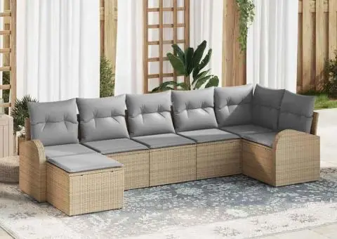 Set de canapea de grădină 7 piese cu perne Bej din ratan poliester - 1/5