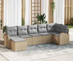 vidaXL Set de canapea de grădină 7 piese cu perne Bej din ratan poliester