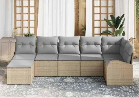 Set de canapea de grădină 7 piese cu perne Bej din ratan poliester - 3/5