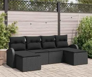 vidaXL Set de canapea de 6 piese cu perne, negru poliratan