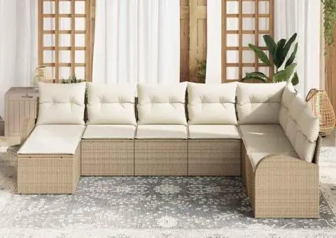 Set de canapea pentru grădină 8 piese cu perne Bej din ratan poliester - 3/5