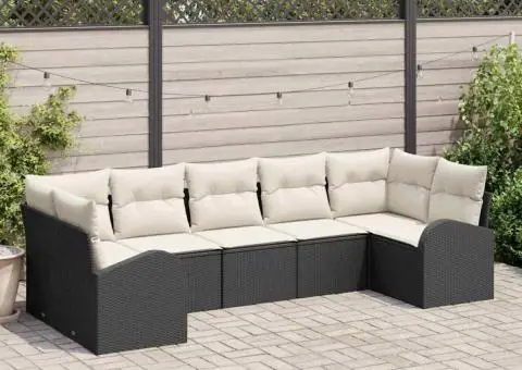 Set de canapea de grădină cu 7 piese și perne Poly Rattan Negru - 1/5