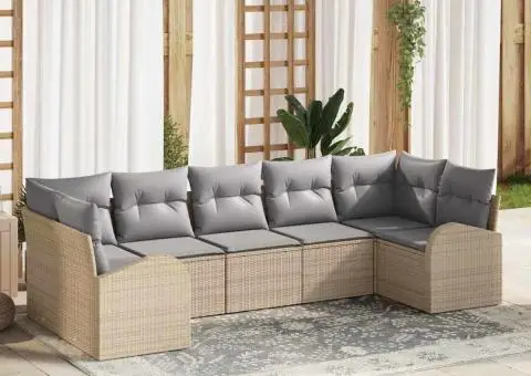 Set de canapea de grădină 7 piese cu perne bej din ratan poliester - 1/5