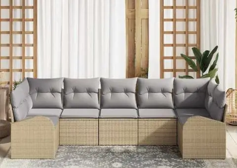 Set de canapea de grădină 7 piese cu perne bej din ratan poliester - 3/5