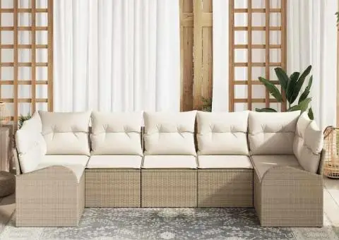 Set Canapea Grădină cu Pernițe 7 Piese Bej Poliratan - 3/5