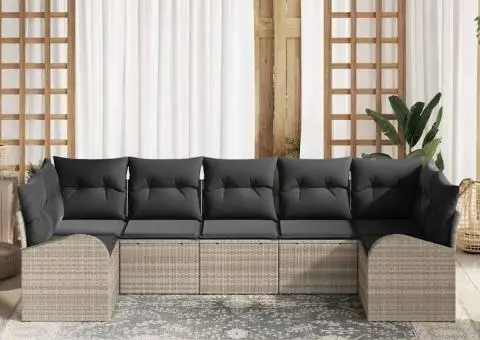 Set de canapea de grădină 7 piese cu perne Gri deschis din Poliratan - 3/5