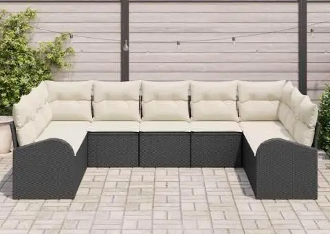 Set Canapea Grădină 9 Piese cu Perne Negru Poliratan - 3/5