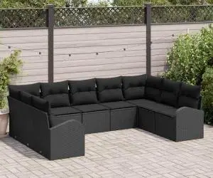 vidaXL Set de canapea pentru grădină cu 9 piese și perne negre din ratan poli