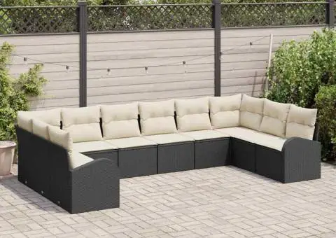 Set de canapea de grădină cu 10 piese și perne din rattan polyester negru - 3/5