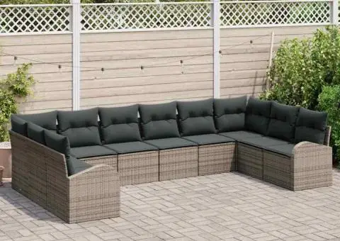 Set de canapea de grădină cu 10 piese din poliratan gri și perne - 3/5