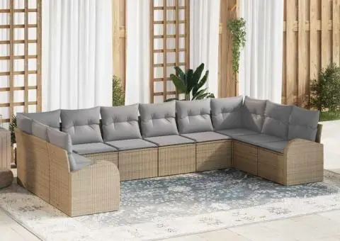 Set de Canapea de Grădină cu 10 Piese cu Perne Bej din Ratan Poli - 1/5