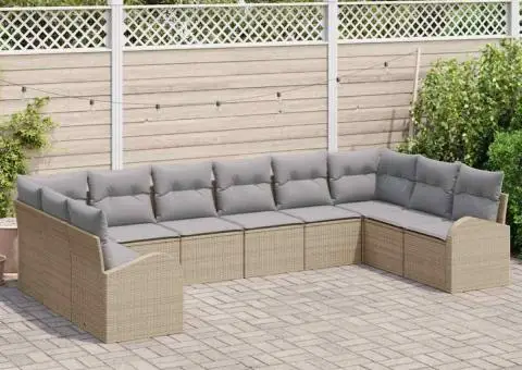 Set de Canapea de Grădină cu 10 Piese cu Perne Bej din Ratan Poli - 3/5