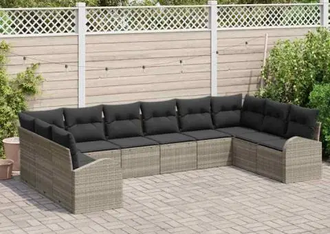 Set de canapea de grădină cu 10 piese și perne în gri deschis din poliratan - 3/5