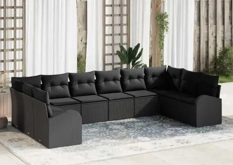 Set de grădină cu 10 piese cu perne din rattan poliratan negru - 1/5
