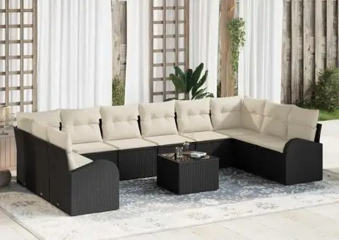 Set de canapea de grădină cu 10 piese și perne din rattan poli, negru. - 1/5