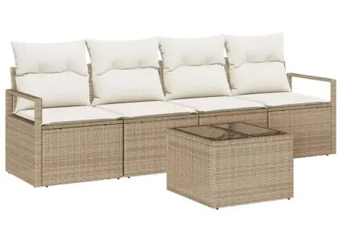 Set Canapea Grădină cu 5 Piese și Perne Bej din Poli Ratan - 2/5