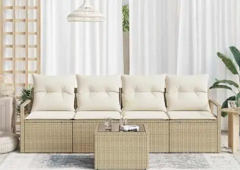 Set Canapea Grădină cu 5 Piese și Perne Bej din Poli Ratan - 3/5