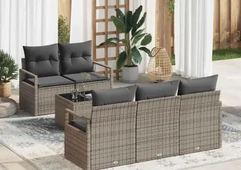 Set canapea de grădină 6 piese cu perne gri din ratan poliester - 1/5