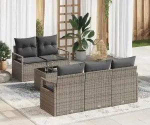 Set canapea de grădină vidaXL 6 piese cu perne gri din ratan poliester