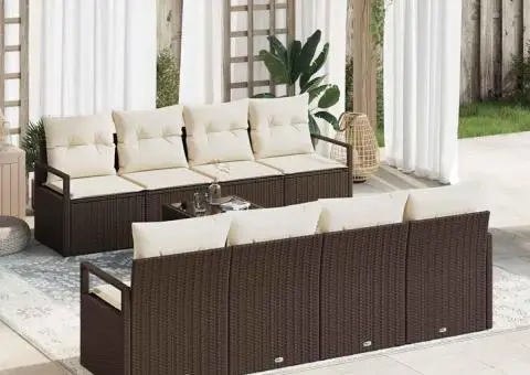 Set Grădină 9 Piese cu Pernă Maro Ratan Poli - 1/5