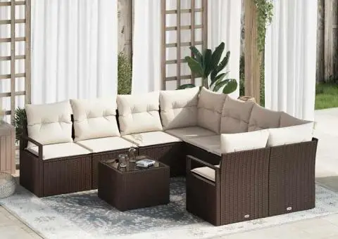 Set de Canapea de Grădină cu 9 Piese și Pernițe din Poliratan Maro - 1/5