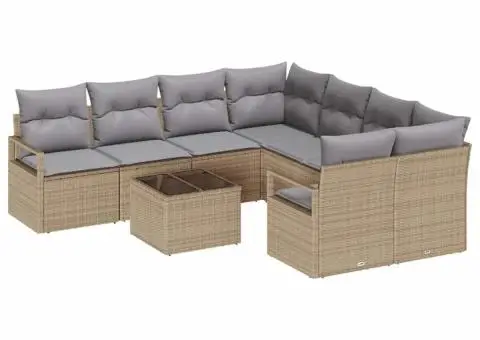 Set canapele grădină cu 9 piese și pernuțe Bej din poliratan - 2/5