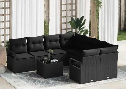 Set Canapele Grădină 9 Piese cu Perne Negru Ratan Poli - 1/5