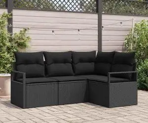 Set de canapea de grădină 4 piese cu perne Negru Poli Ratan