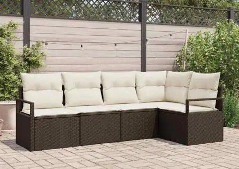 Set de canape din grădină cu 5 piese și perne maro din ratan sintetic - 1/5
