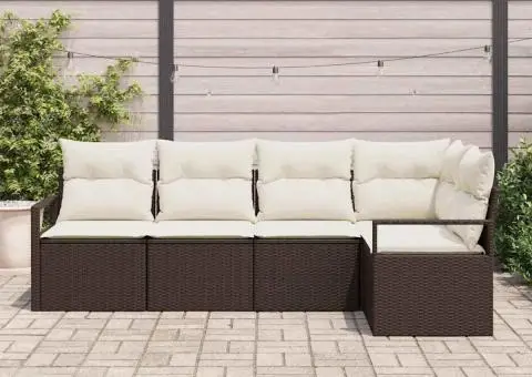 Set de canape din grădină cu 5 piese și perne maro din ratan sintetic - 3/5