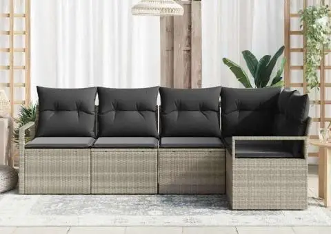 Set de canapea pentru grădină 5 piese cu perne gri deschis din poliratan - 3/5