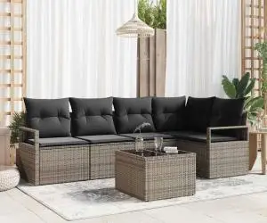 Set Canapea de Grădină de 5 Piese cu Pernuțe Negru Ratan Poli