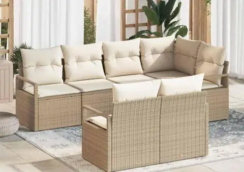 Set 7 piese grădină cu perne din poliester Bej și poliratan - 1/5