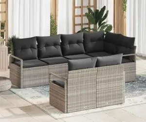 Set de canapele de grădină vidaXL cu 7 piese cu perne gri deschis din ratan poli