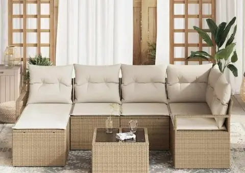 Set de sofa de grădină cu 7 piese cu perne din ratan poli maro - 3/5