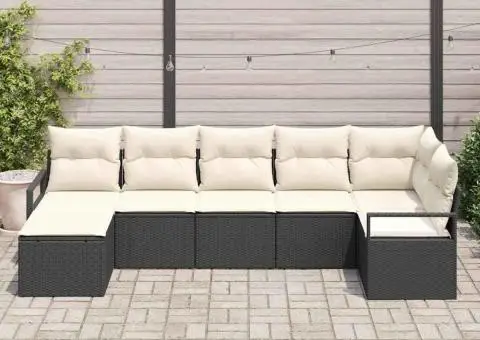 Set canapea grădină pernuțe, 7 piese, ratan poliester negru - 1/5