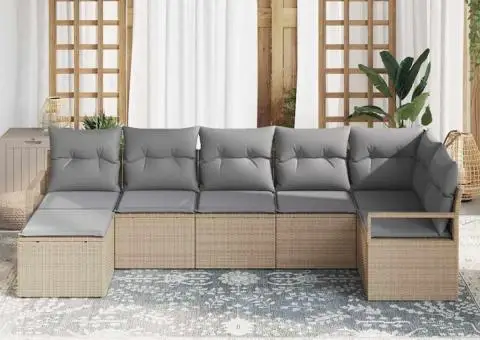 Set de canapele de grădină cu 7 piese și perne Bej Ratan Poliester - 3/5