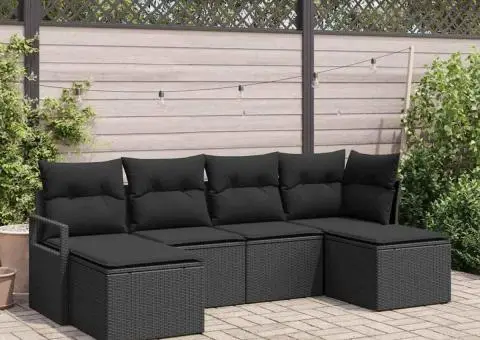 Set pentru Grădină, 6 Piese cu Perne Rattan Poli Negru - 1/5