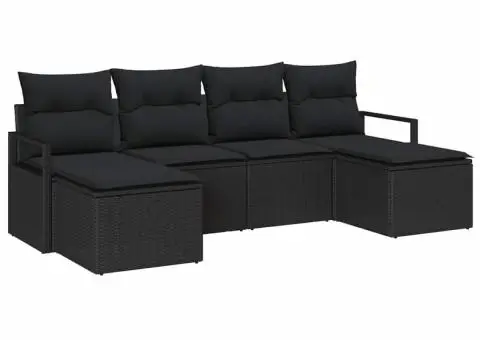 Set pentru Grădină, 6 Piese cu Perne Rattan Poli Negru - 2/5