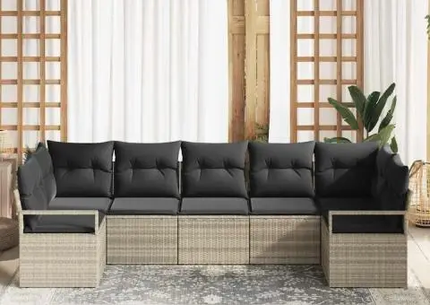 Set canapea grădină 7 piese cu perne gri deschis din ratan poliester - 3/5