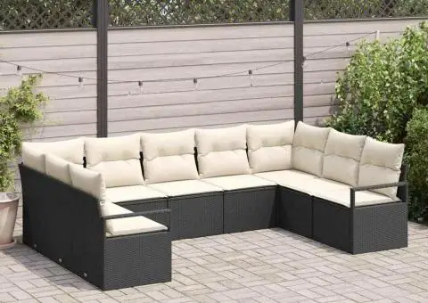 Set de canapea pentru grădină cu 9 piese și perne din poliratan negru - 1/5