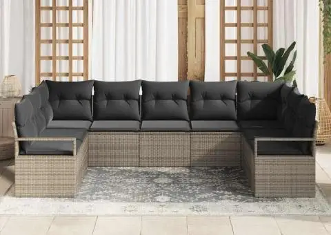 Set de canapele de grădină 9 piese cu perne gri din ratan poli - 3/5
