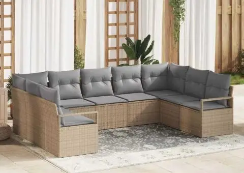 Set de Canapea de Grădină cu 9 Piese și Perne Bej din Poliratan - 1/5