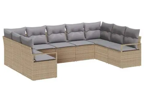 Set de Canapea de Grădină cu 9 Piese și Perne Bej din Poliratan - 2/5