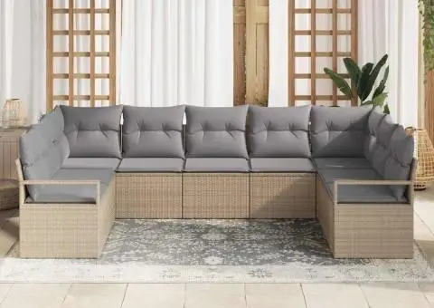 Set de Canapea de Grădină cu 9 Piese și Perne Bej din Poliratan - 3/5