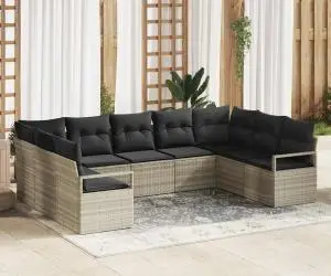 Set de sofa pentru grădină 9 piese cu perne Gri deschis Poliratan