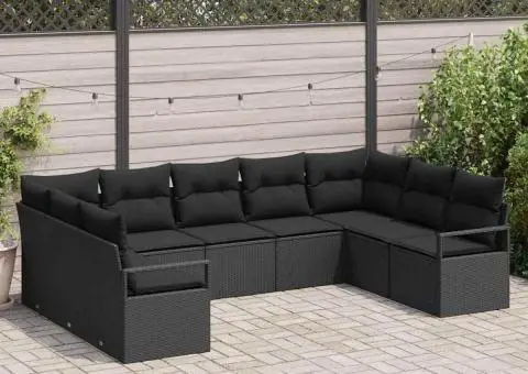 Set de canapea de grădină 9 piese cu perne Negru Ratan Poliratan - 1/5