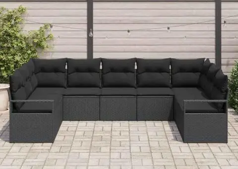 Set de canapea de grădină 9 piese cu perne Negru Ratan Poliratan - 3/5
