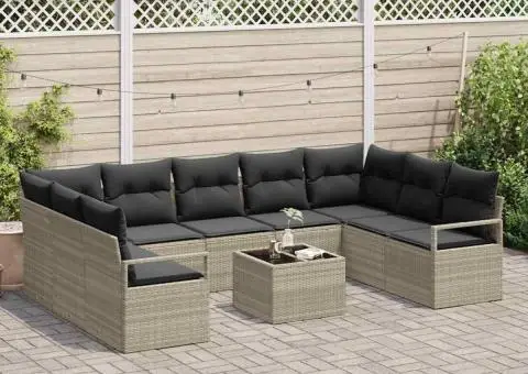 Set de canapea de grădină din 10 piese cu perne gri din ratan poliester - 3/5