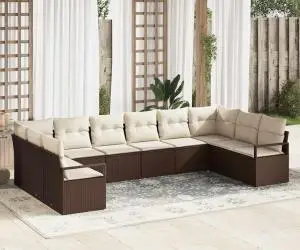 Set Canapea vidaXL cu 10 Piese cu Pernă Maro Ratan Poli